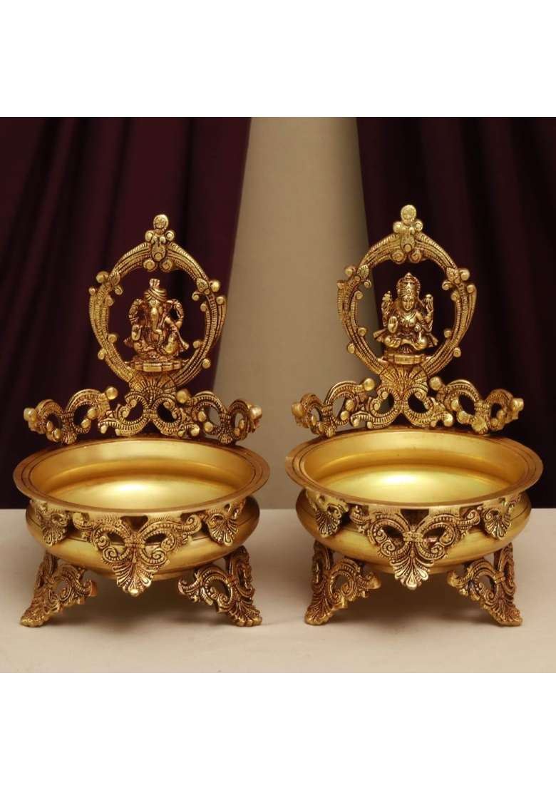 Brassaura Gold Pure Brass Lakshmi Ganesha Urli 11 Inch Decorative Bowls with Framed Deity Figures Set of 2 - Indya