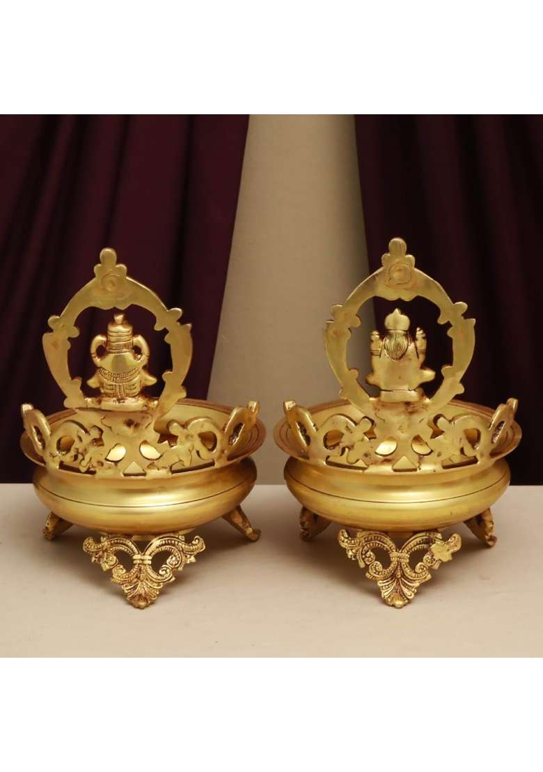 Brassaura Gold Pure Brass Lakshmi Ganesha Urli 11 Inch Decorative Bowls with Framed Deity Figures Set of 2 - Indya