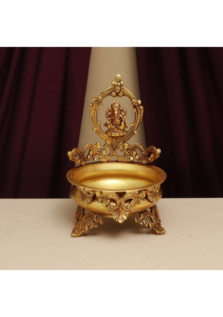 Brassaura Gold Pure Brass Lakshmi Ganesha Urli 11 Inch Decorative Bowls with Framed Deity Figures Set of 2 - Indya