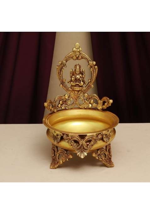 Brassaura Gold Pure Brass Lakshmi Ganesha Urli 11 Inch Decorative Bowls with Framed Deity Figures Set of 2