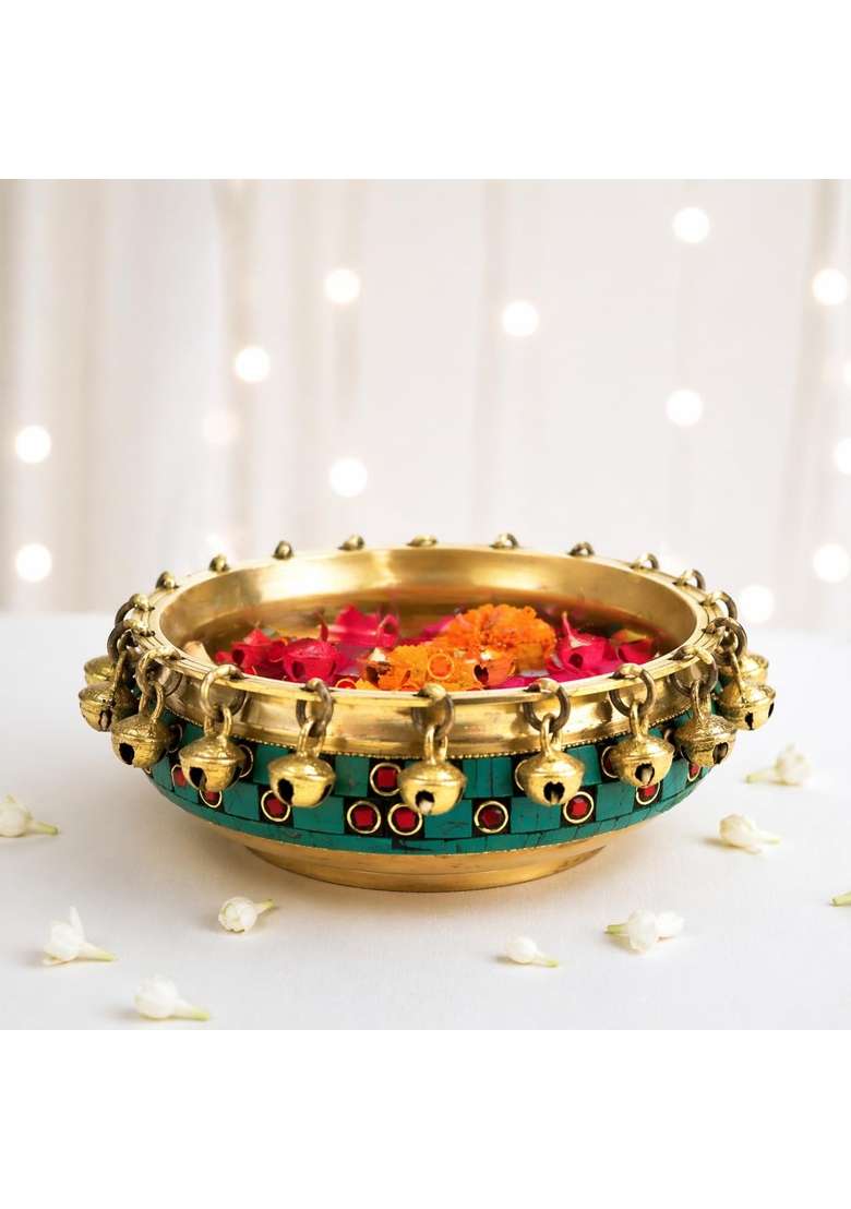 Two Moustaches 6 Inches 100 Percent Pure Brass Urli Ethnic Traditional Bowl with Bells Gemstone Work Pack of 1 - Indya