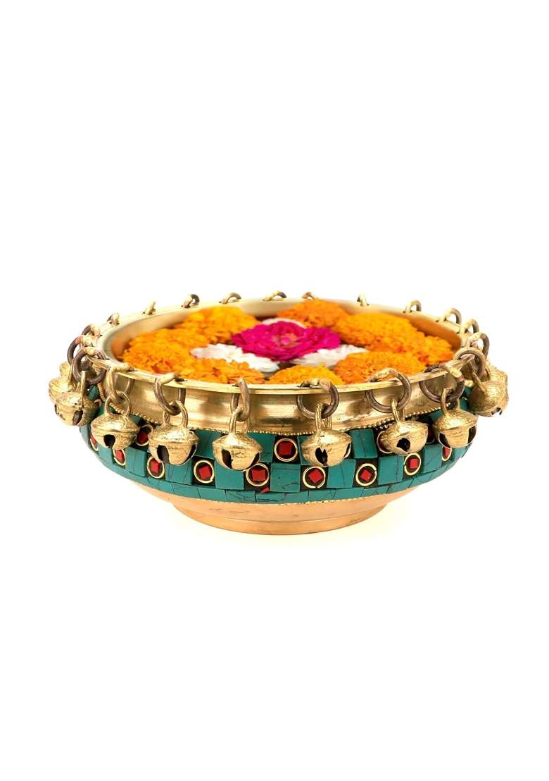 Two Moustaches 6 Inches 100 Percent Pure Brass Urli Ethnic Traditional Bowl with Bells Gemstone Work Pack of 1 - Indya