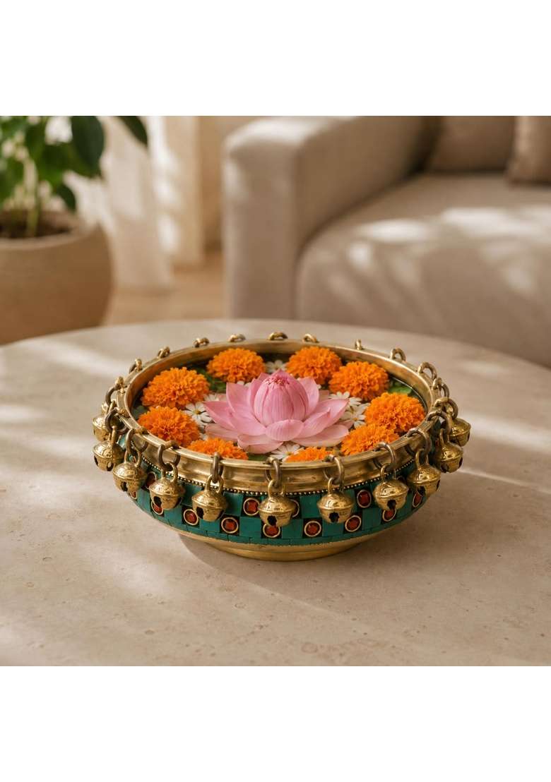 Two Moustaches 6 Inches 100 Percent Pure Brass Urli Ethnic Traditional Bowl with Bells Gemstone Work Pack of 1 - Indya