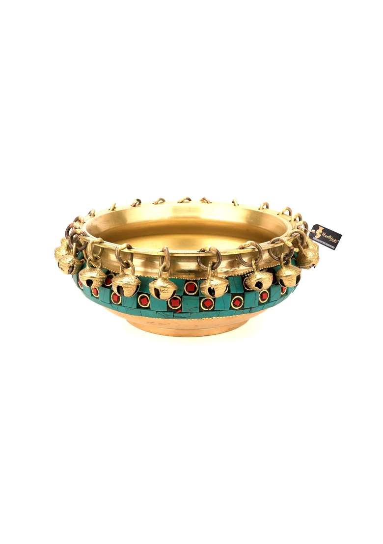 Two Moustaches 6 Inches 100 Percent Pure Brass Urli Ethnic Traditional Bowl with Bells Gemstone Work Pack of 1 - Indya
