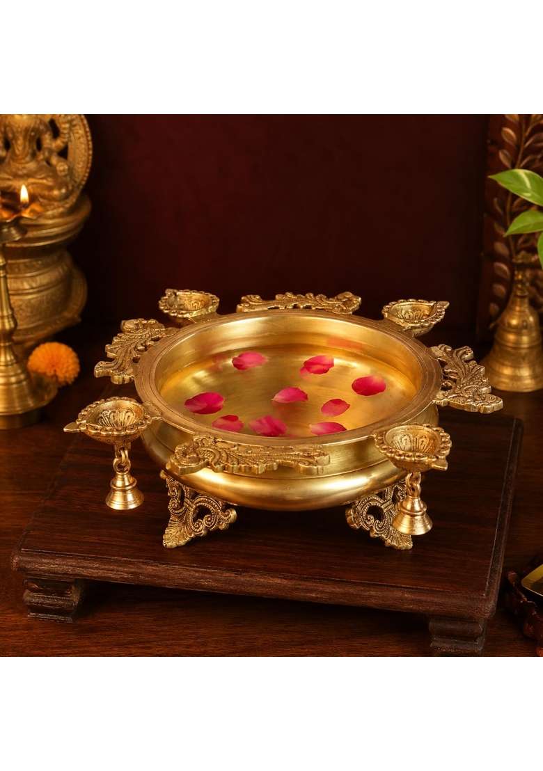 Kartique Gold Brass Urli Bowl with Diya and Bells for Flower Decoration 5 Inch - Indya