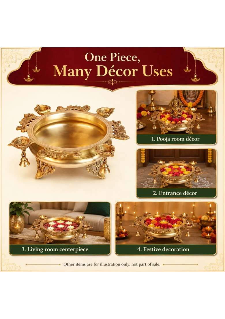 Kartique Gold Brass Urli Bowl with Diya and Bells for Flower Decoration 5 Inch - Indya