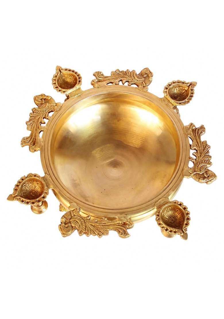 Kartique Gold Brass Urli Bowl with Diya and Bells for Flower Decoration 5 Inch - Indya