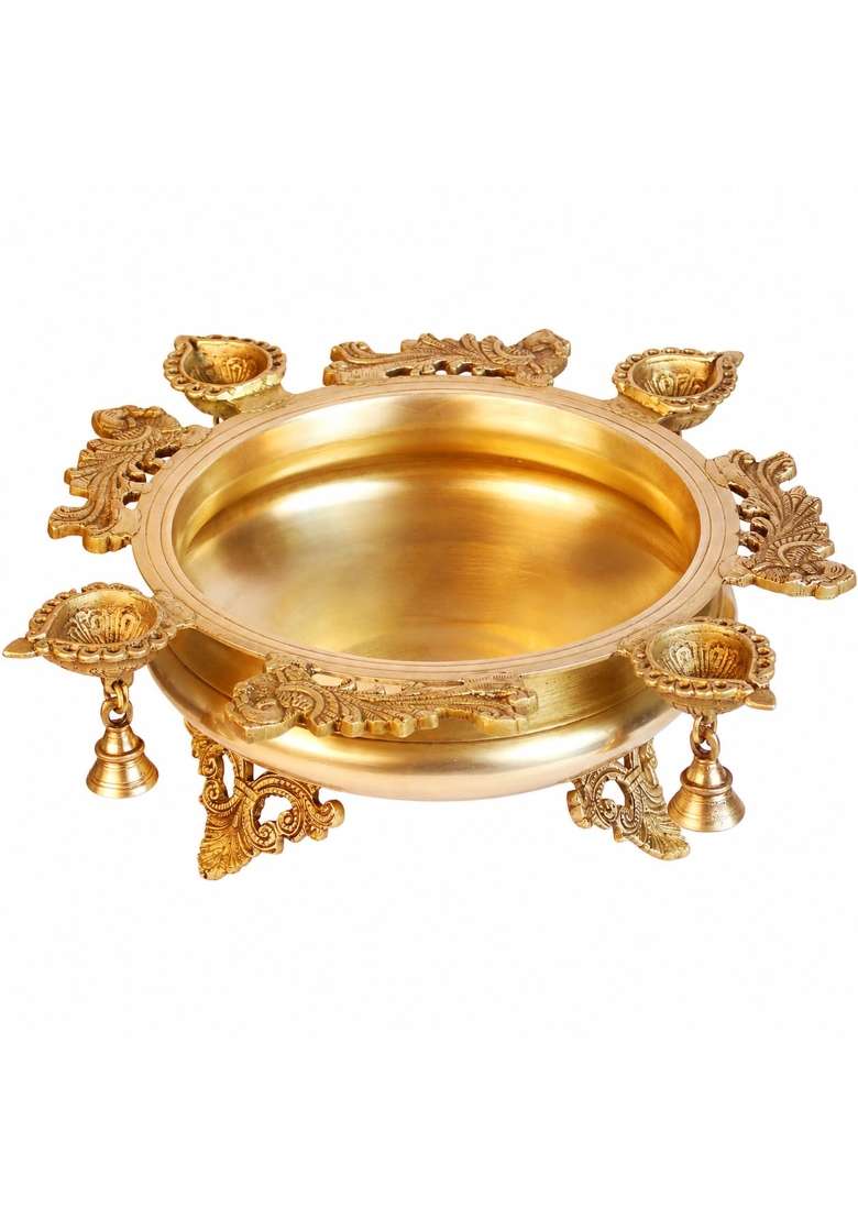 Kartique Gold Brass Urli Bowl with Diya and Bells for Flower Decoration 5 Inch - Indya