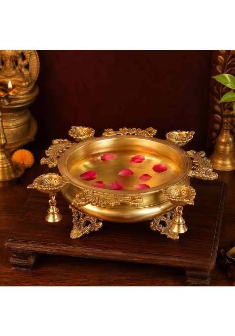 Kartique Gold Brass Urli Bowl with Diya and Bells for Flower Decoration 5 Inch