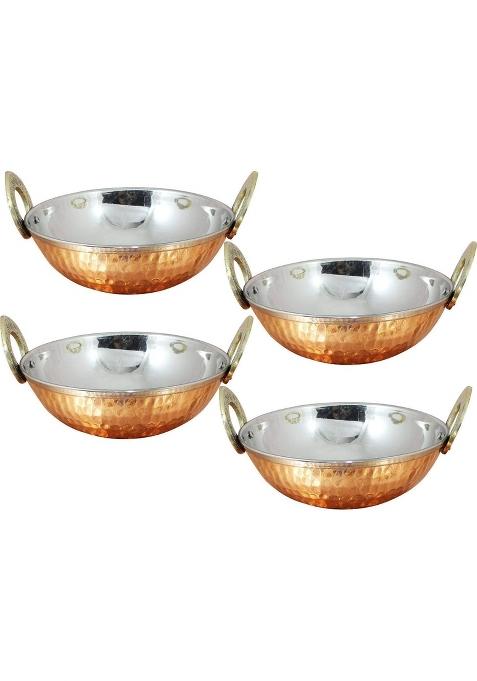 Harlen Ukal Indian Copper Serveware Karahi Vegetable Dinner Bowl with Solid Brass Handle for Indian Set of 4