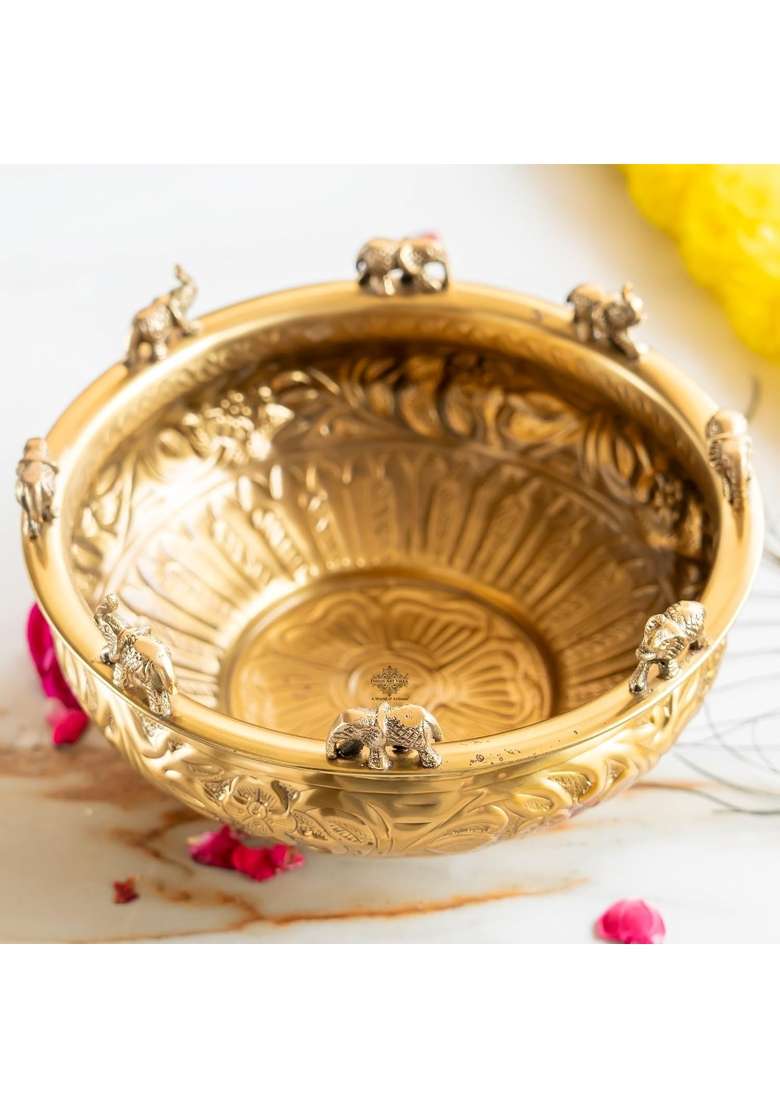 Indian ART Villa Gold Brass Embossed Urli with Elephant Statues Traditional Decorative Pooja Bowl - Indya