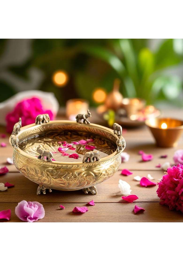 Indian ART Villa Gold Brass Embossed Urli with Elephant Statues Traditional Decorative Pooja Bowl - Indya