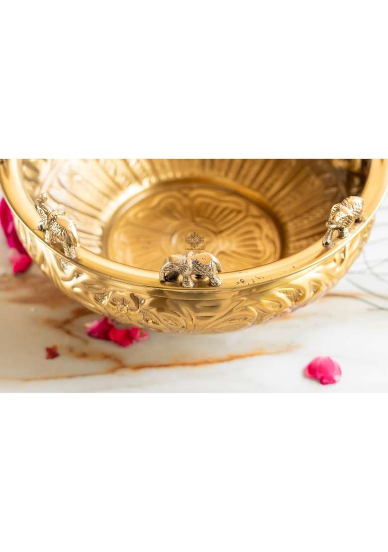 Indian ART Villa Gold Brass Embossed Urli with Elephant Statues Traditional Decorative Pooja Bowl - Indya