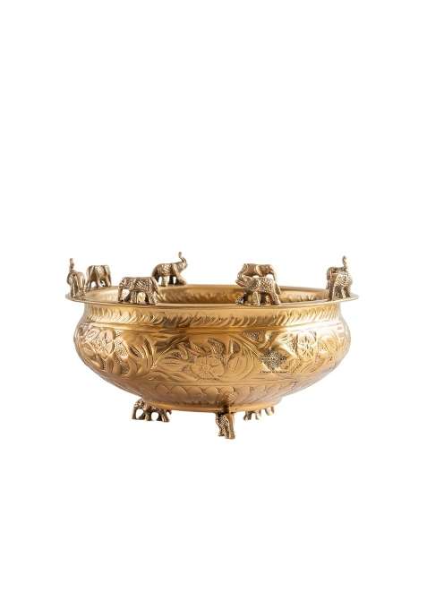 Indian ART Villa Gold Brass Embossed Urli with Elephant Statues Traditional Decorative Pooja Bowl