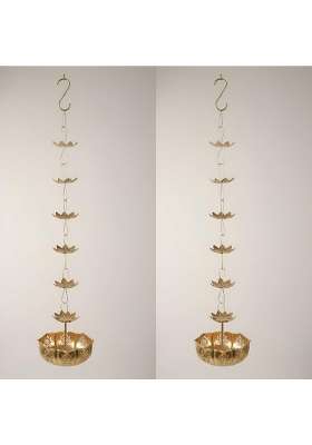Auslese Golden Handcrafted Brass Hanging Bowl with 7 Lotus Leaf in Chain for Diwali Pooja Set of 2