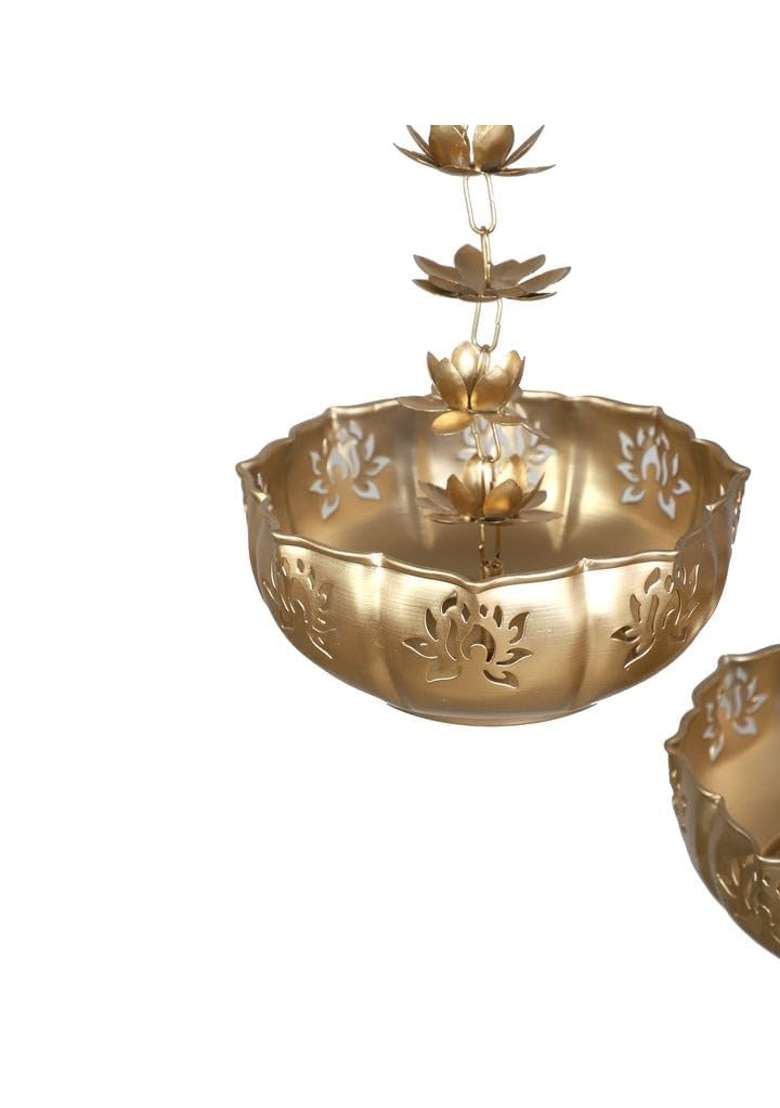 Auslese Golden Handcrafted Brass Hanging Bowl with 7 Lotus Leaf in Chain for Diwali Pooja Set of 2 - Indya