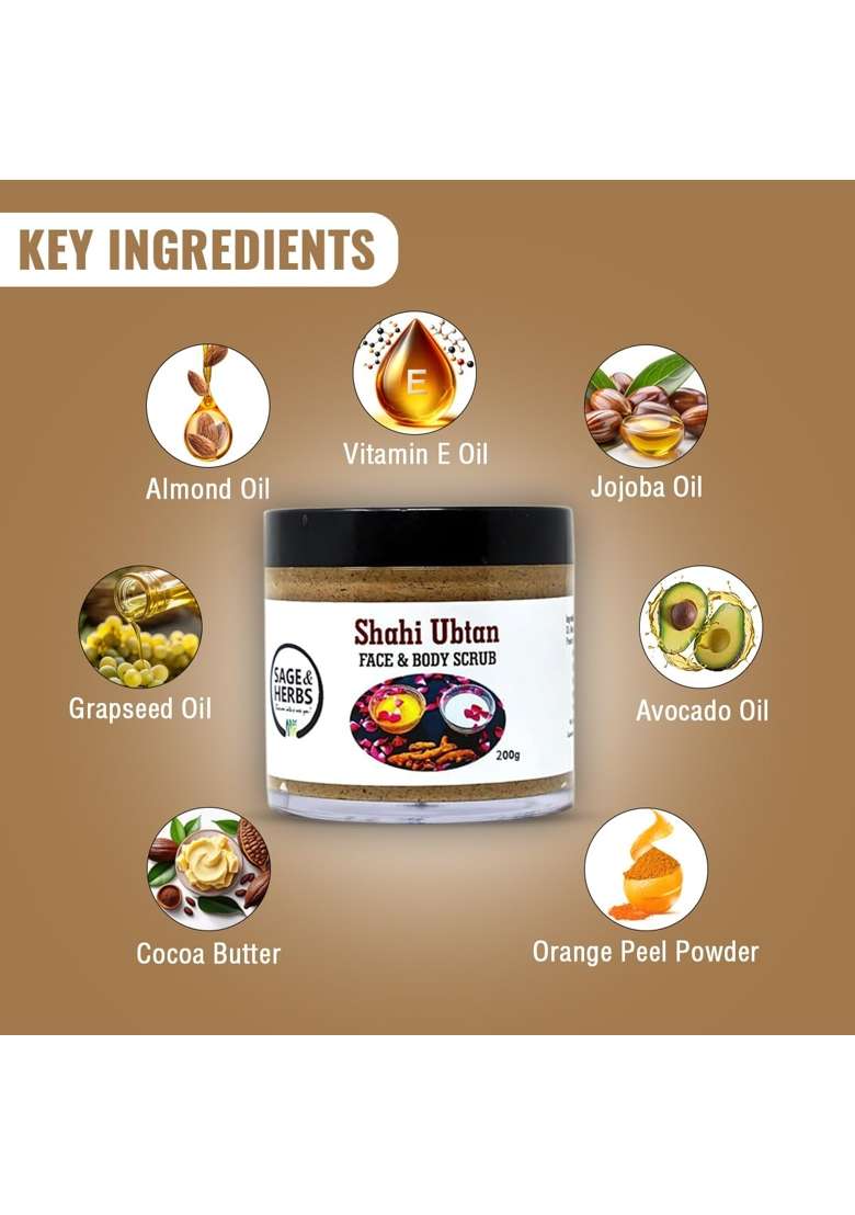 Sage and Herbs Shahi Ubtan Face and Body Scrub 200G Natural Exfoliation Orange Turmeric Tan Removal - Indya