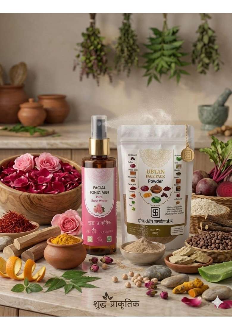 Shuddh Prakrutik Ubtan Face Pack Powder with Facial Tonic Mist with Powerfull 18 Indian Herbs for Skin - Indya