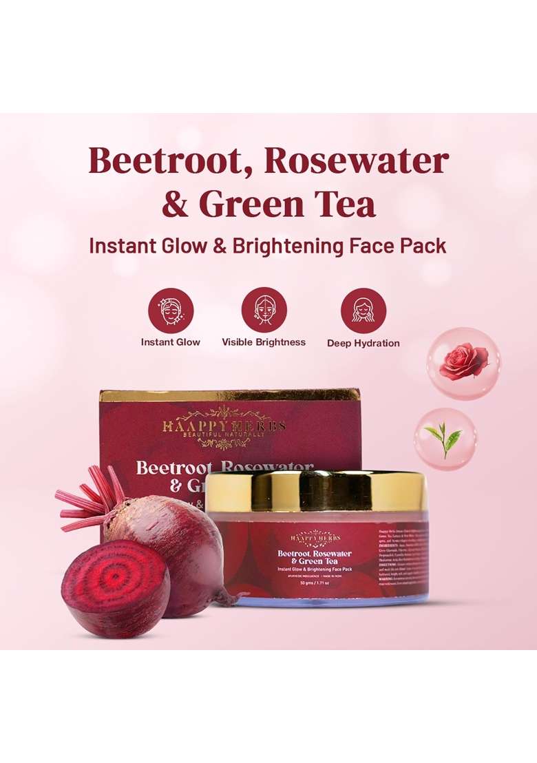 Haappy Herbs Brightening Face Pack 50G Beetroot Rosewater and Green Tea Glow Face Mask for Pigmentation - Indya