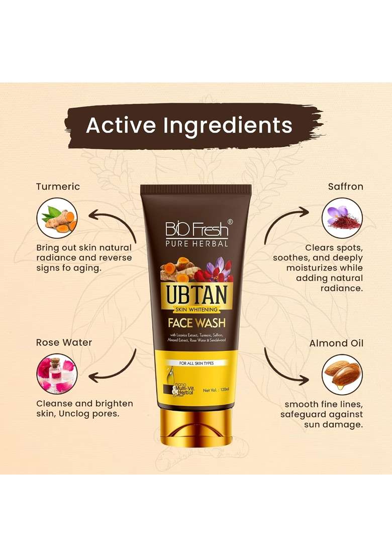 Biofresh Herbals Ubtan Face Wash 120ML Skin Whitening Turmeric Cleanser Sun Tanning Removal Dead Pack of 3 - Indya