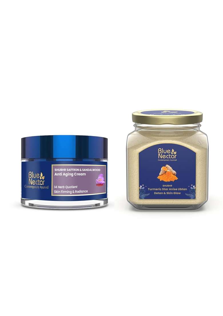 Blue Nectar Anti Aging Saffron Sandalwood Cream Women 50G and Turmeric Face Ubtan 100G - Indya