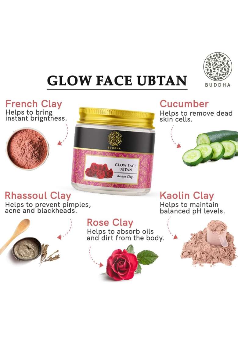 Buddha Natural Face Glow Ubtan 50 GM Ayush Certified Blended Premium Dead Sea Mud Rhassoul Kaolin French Pink - Indya