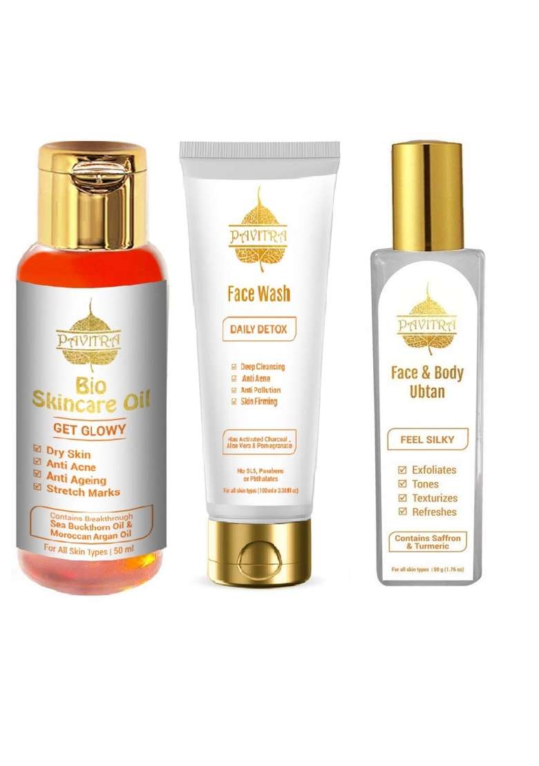 Pavitra Plus Total Skincare Kit Detox Face Wash Antimarks Oil and Instant Glow Ubtan Reduces Acne Pack of 3 - Indya