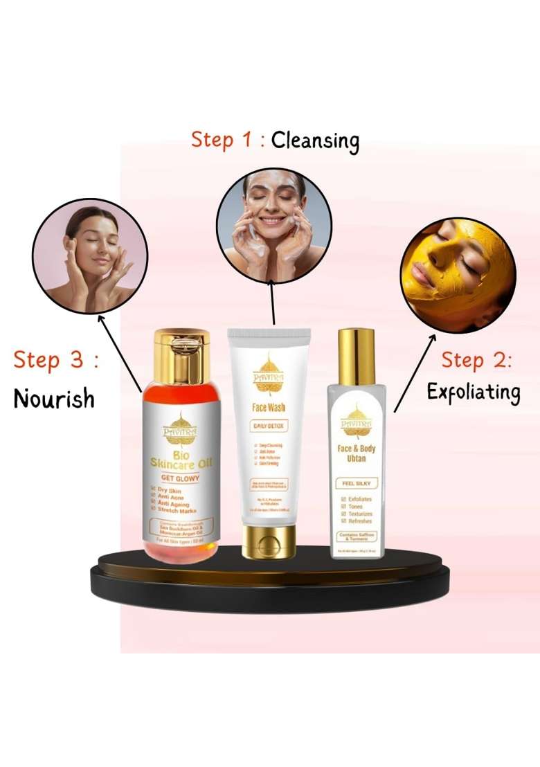 Pavitra Plus Total Skincare Kit Detox Face Wash Antimarks Oil and Instant Glow Ubtan Reduces Acne Pack of 3 - Indya