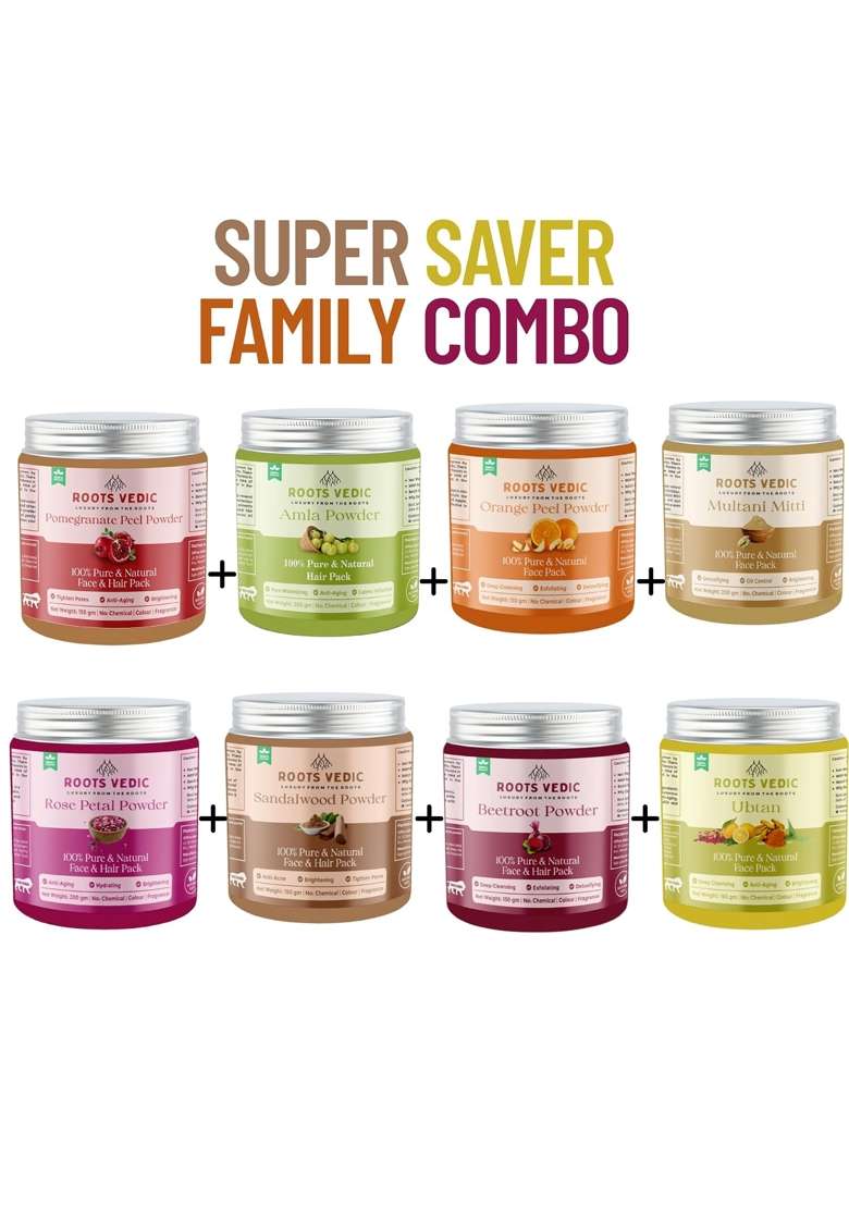 Roots Vedic All in One Herbal Face Pack Combo Rose Petal Orange Peel Sandalwood Ubtan Beetroot Multani Mitti - Indya