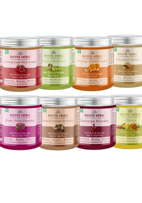 Roots Vedic All in One Herbal Face Pack Combo Rose Petal Orange Peel Sandalwood Ubtan Beetroot Multani Mitti