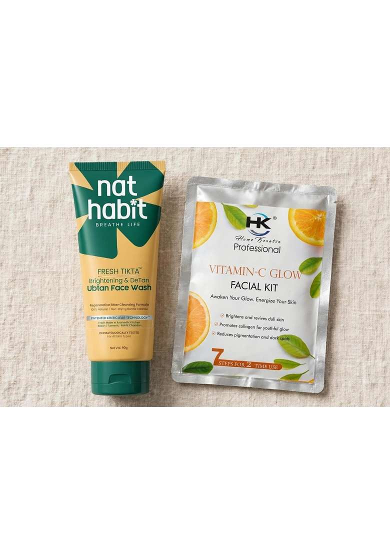 Nat Habit Yellow 90G Fresh Tikta Brightening and Detan Ubtan Face Wash Plus Home Keratin Professional Vitamin - Indya