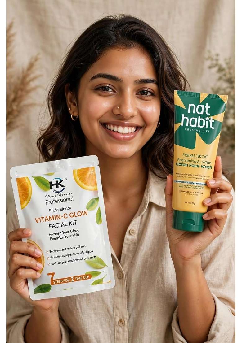 Nat Habit Yellow 90G Fresh Tikta Brightening and Detan Ubtan Face Wash Plus Home Keratin Professional Vitamin - Indya