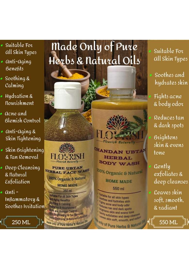 Flourish Herbs Combo Pure Chandan Ubtan Herbal Face Wash 250ML and Body Wash 550ML Pack of 2 - Indya