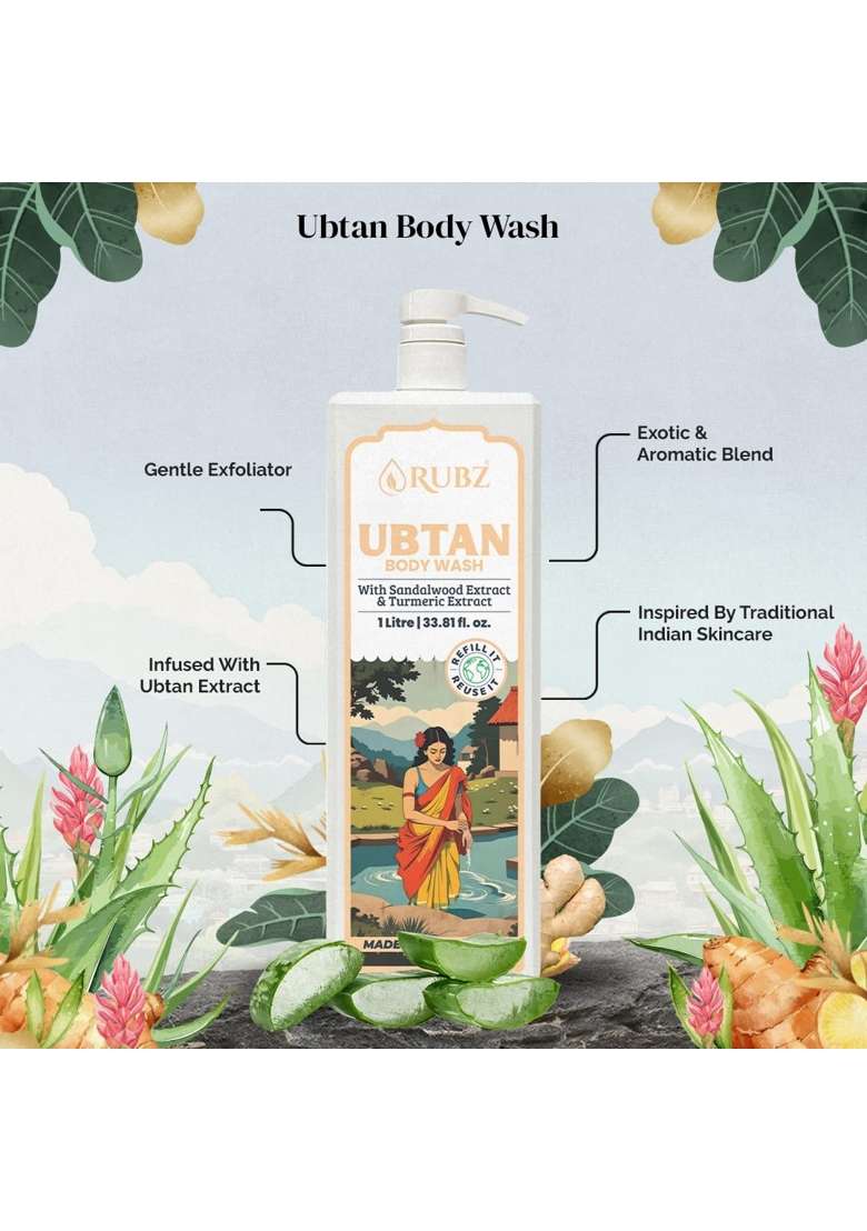 Rubz Herbal Ubtan Body Wash with Turmeric and Sandalwood Natural Glow Tan Removal and Skin Softening Formula - Indya
