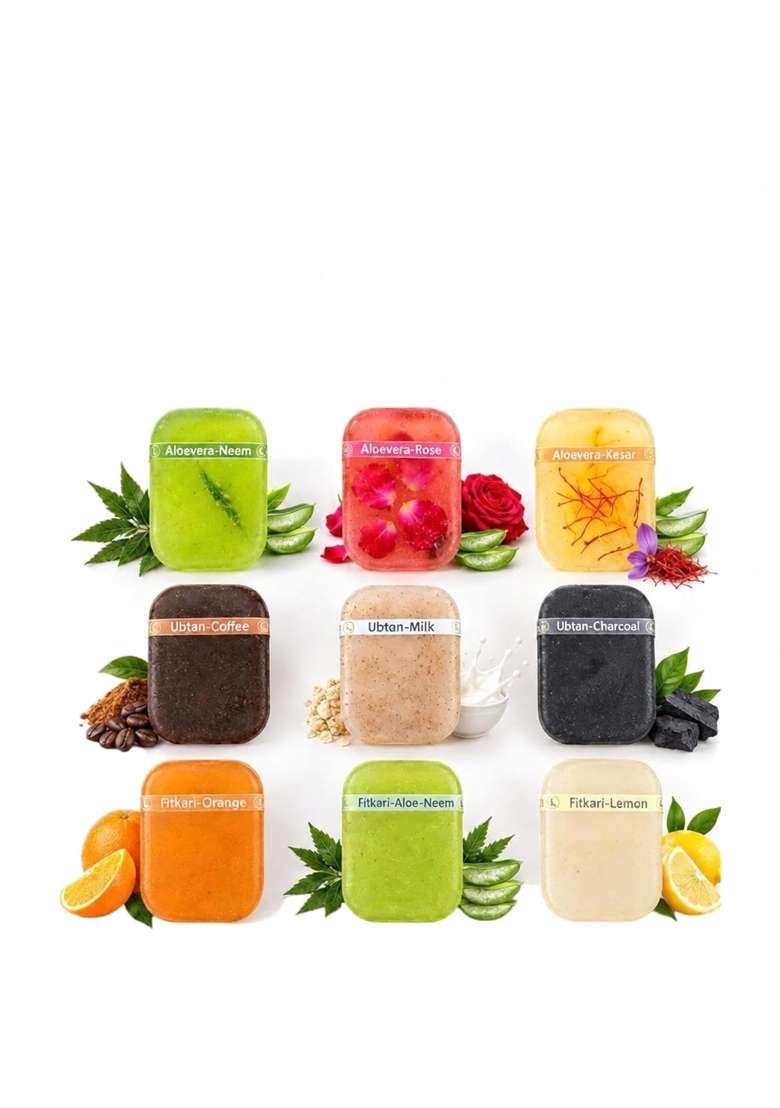The Body Language Natural Aloe Vera Fitkari and Ubtan Bathing Bar Pack of 9 - Indya
