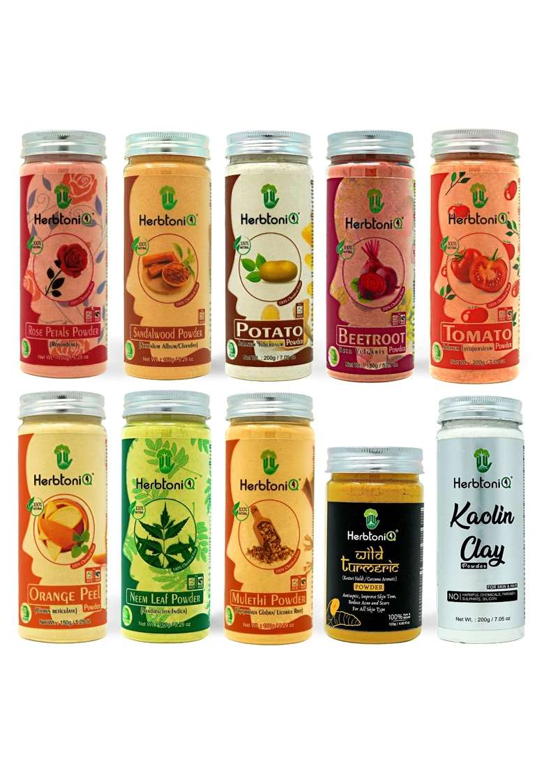 Herbtoniq Natural Face Pack Combo with 10 Powders for Glowing Skin DIY Face Mask Scrub Ubtan and Wash for Acne - Indya