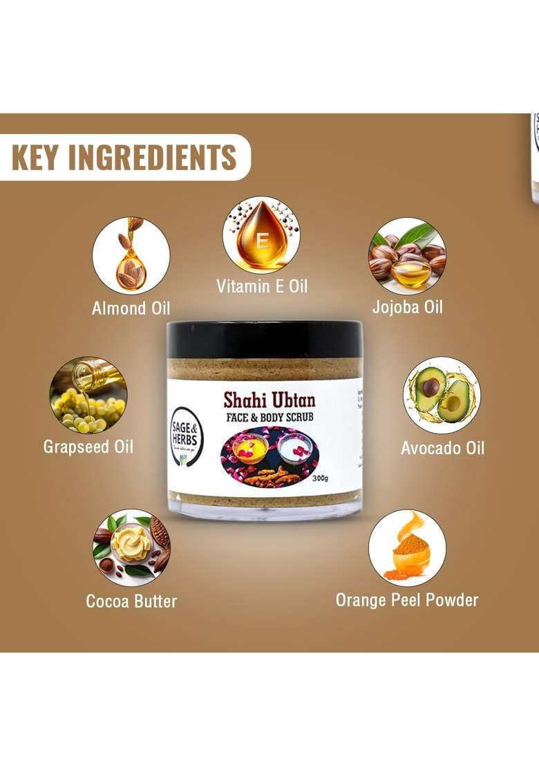 Sage and Herbs Shahi Ubtan Face and Body Scrub 300G Natural Exfoliation Orange Turmeric Tan Removal - Indya