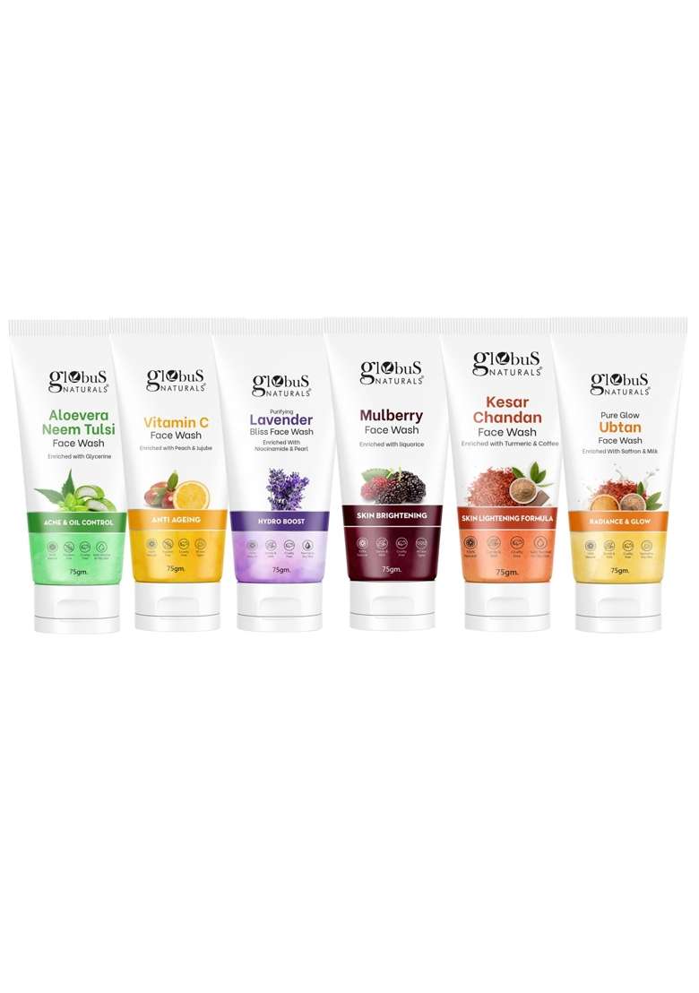 Globus Naturals Face Wash Combo Aloe Vera Neem Tulsi Kesar Chandan Mulberry Vitamin C Set of 6 - Indya
