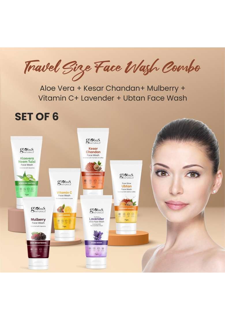 Globus Naturals Face Wash Combo Aloe Vera Neem Tulsi Kesar Chandan Mulberry Vitamin C Set of 6 - Indya