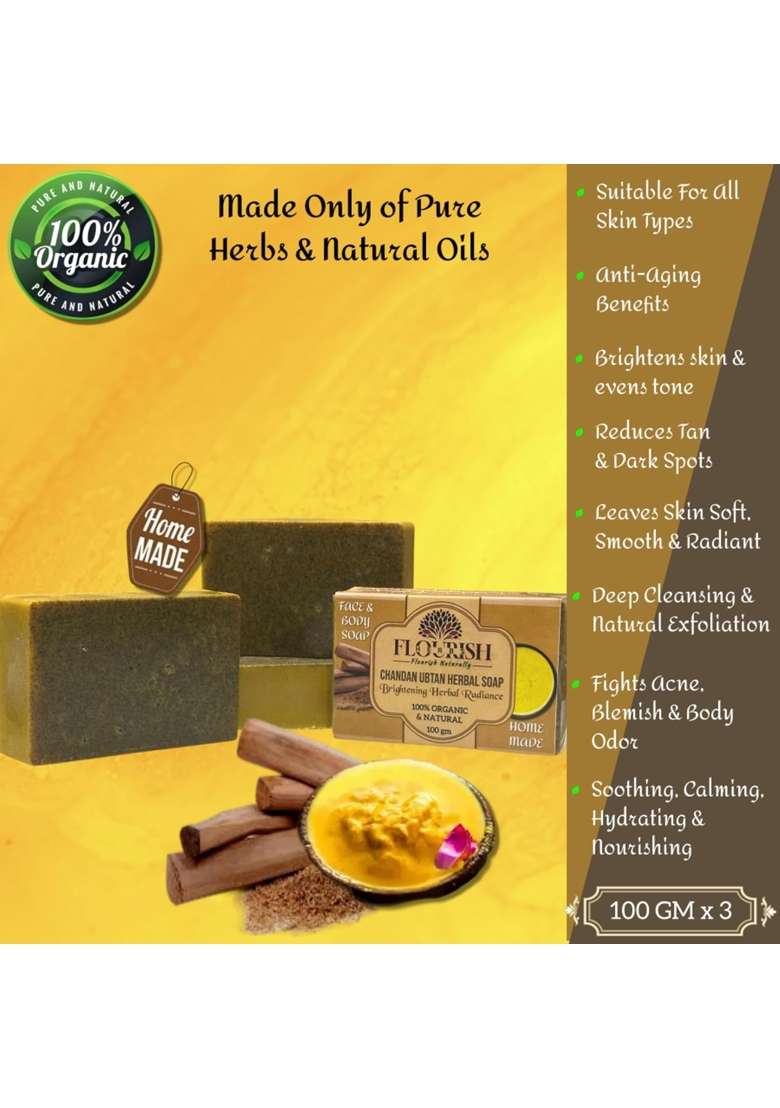 Flourish Herbs Pure Chandan Ubtan Herbal Face and Body Soap 100GM 100 Percent Organic Natural Pack of 3 - Indya