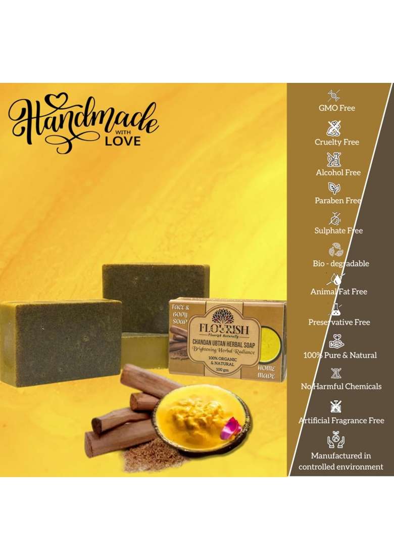 Flourish Herbs Pure Chandan Ubtan Herbal Face and Body Soap 100GM 100 Percent Organic Natural Pack of 3 - Indya