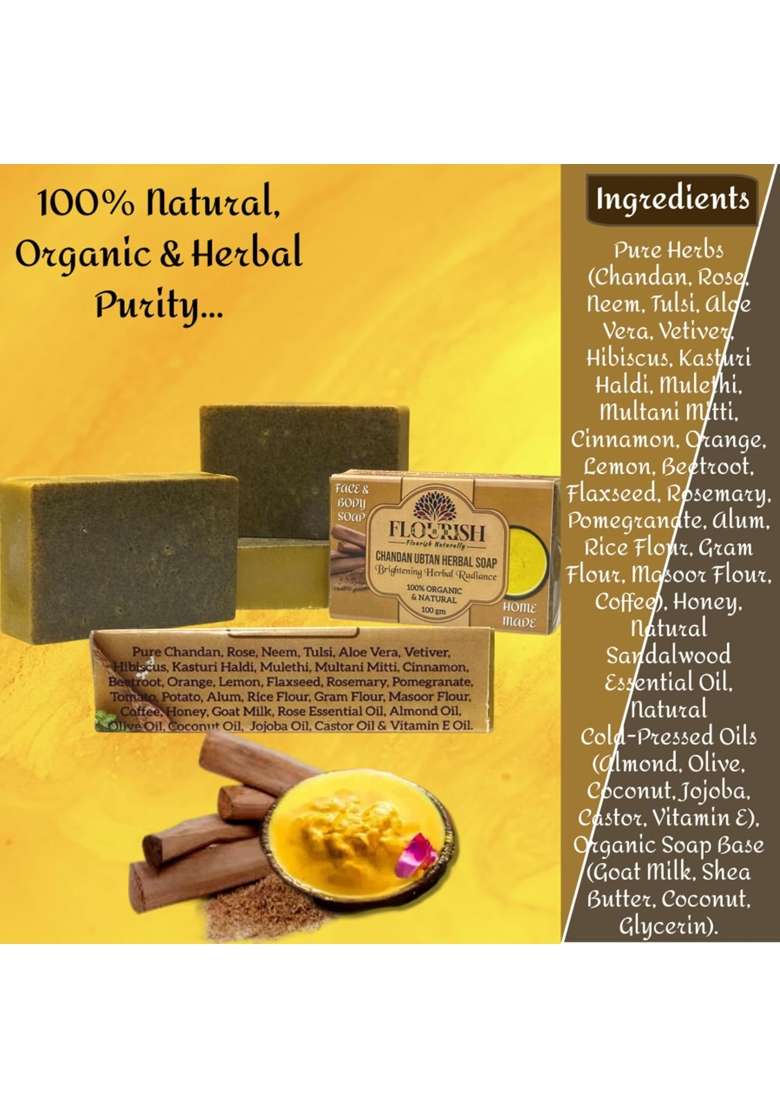 Flourish Herbs Pure Chandan Ubtan Herbal Face and Body Soap 100GM 100 Percent Organic Natural Pack of 3 - Indya