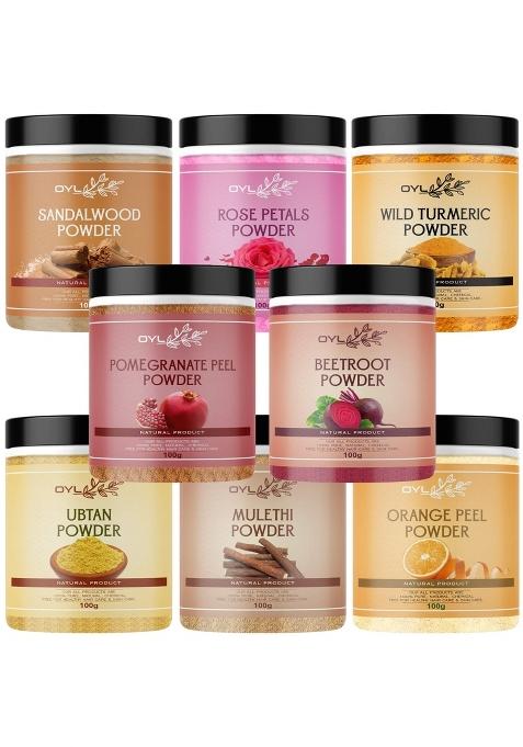 OYL Natural Sandalwood Rose Petal Wild Turmeric Pomegranate Peel Beet Root Ubtan Pack of 8