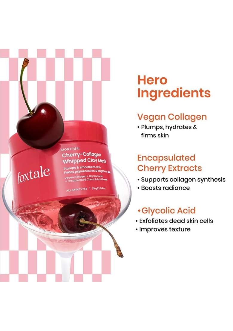 Foxtale Cherry Collagen Whipped Clay Mask Vegan Collagen Plus Glycolic Acid Plus PHA Plus Cherry Beads - Indya