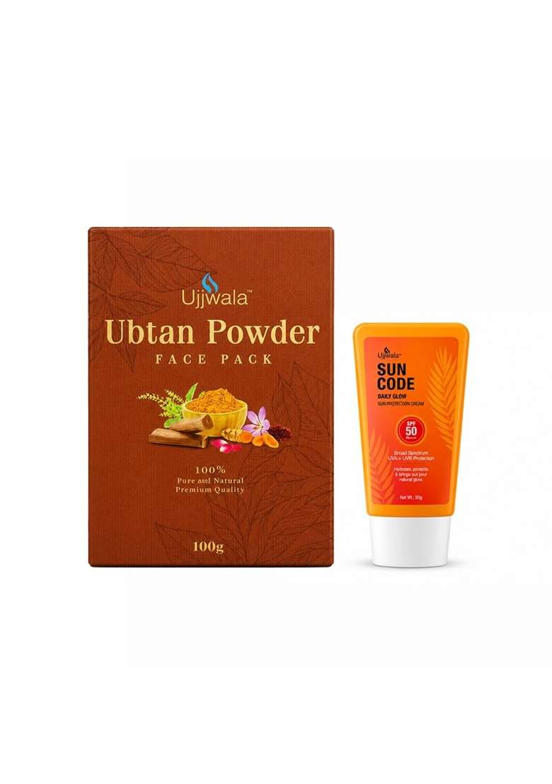 Ujjwala Brown Ubtan Powder Face Pack and Sun Code SPF 50 Sunscreen Duo - Indya