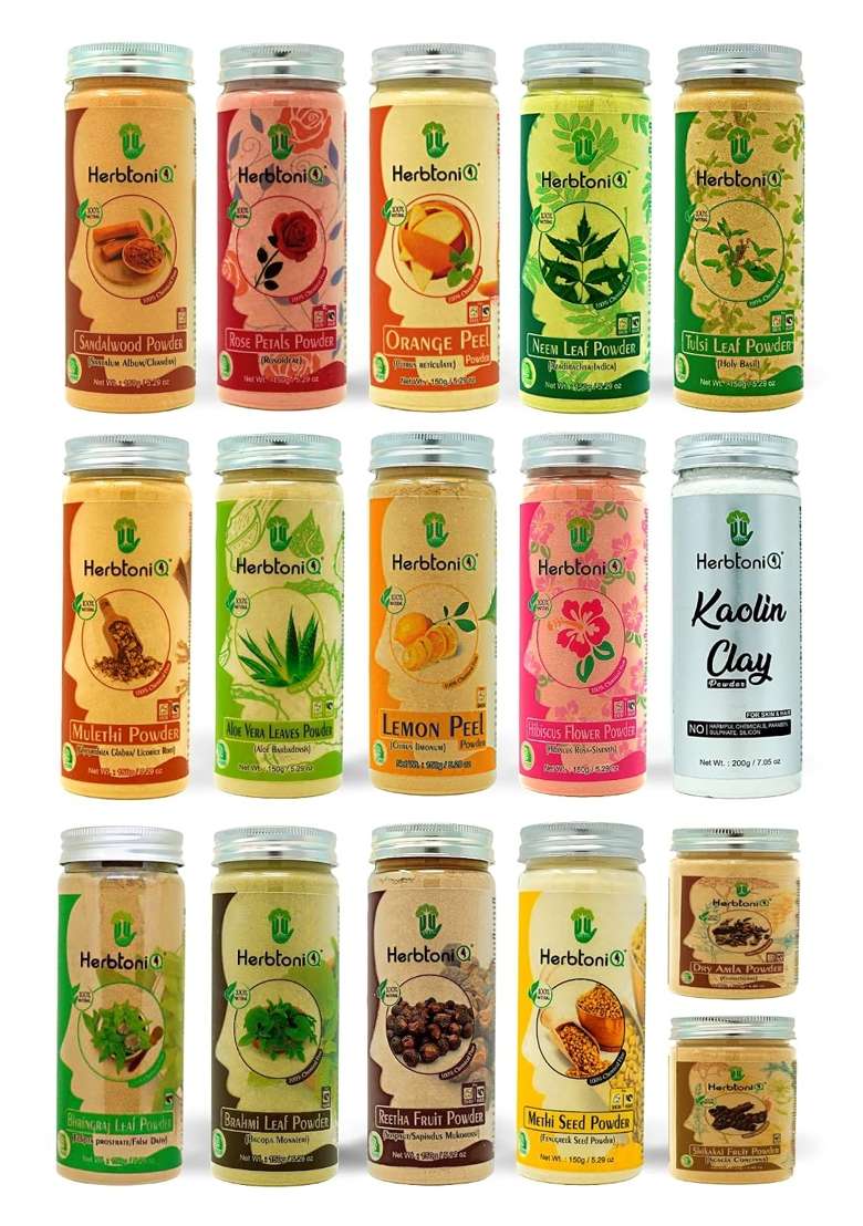Herbtoniq Face Pack and Hair Pack Powder Sandalwood Rose Orange Neem Tulsi Licorice and More Set of 16 - Indya