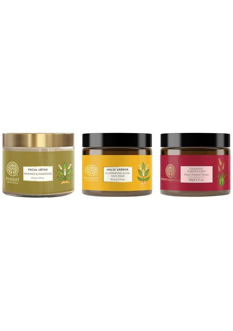 Forest Essentials Haldi Vernya Lepa Turmeric Mask and Narangi Nagkesar Facial Ubtan Orange Peel Sweet Almond - Indya