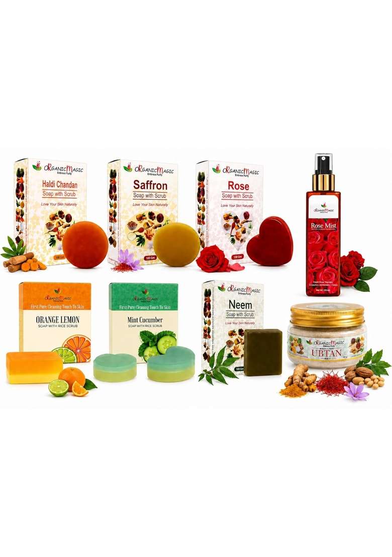 Organic Magic Herbal Skincare Combo Kit for Men and Women Haldi Chandan Saffron Rose - Indya