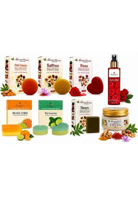 Organic Magic Herbal Skincare Combo Kit for Men and Women Haldi Chandan Saffron Rose