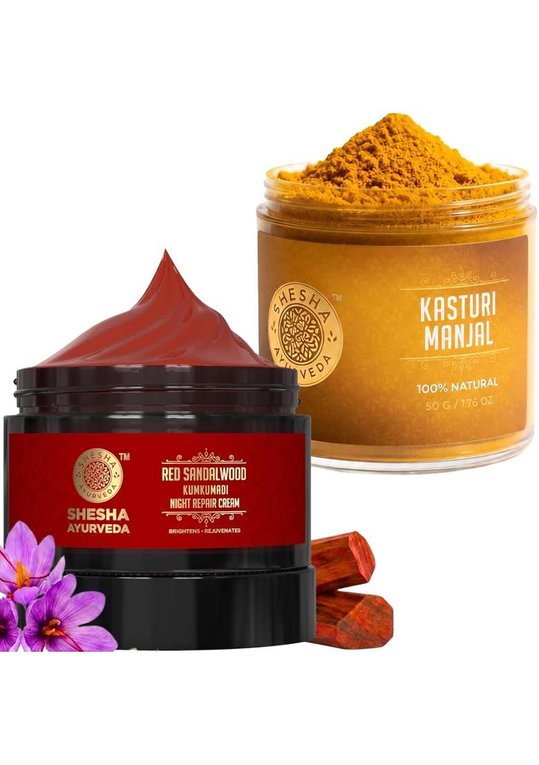 Shesha Ayurveda Combo of Natural Kasturi Manjal Wild Turmeric Powder and Red Sandalwood Cream for Skin a Wild - Indya